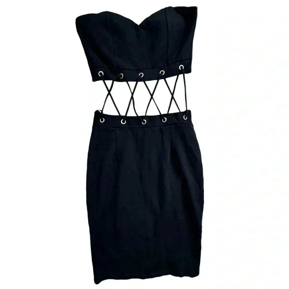 Black Mini Cut Out Detail Dress Tub Top Fitted Skirt bodycon, Sexy, Medium